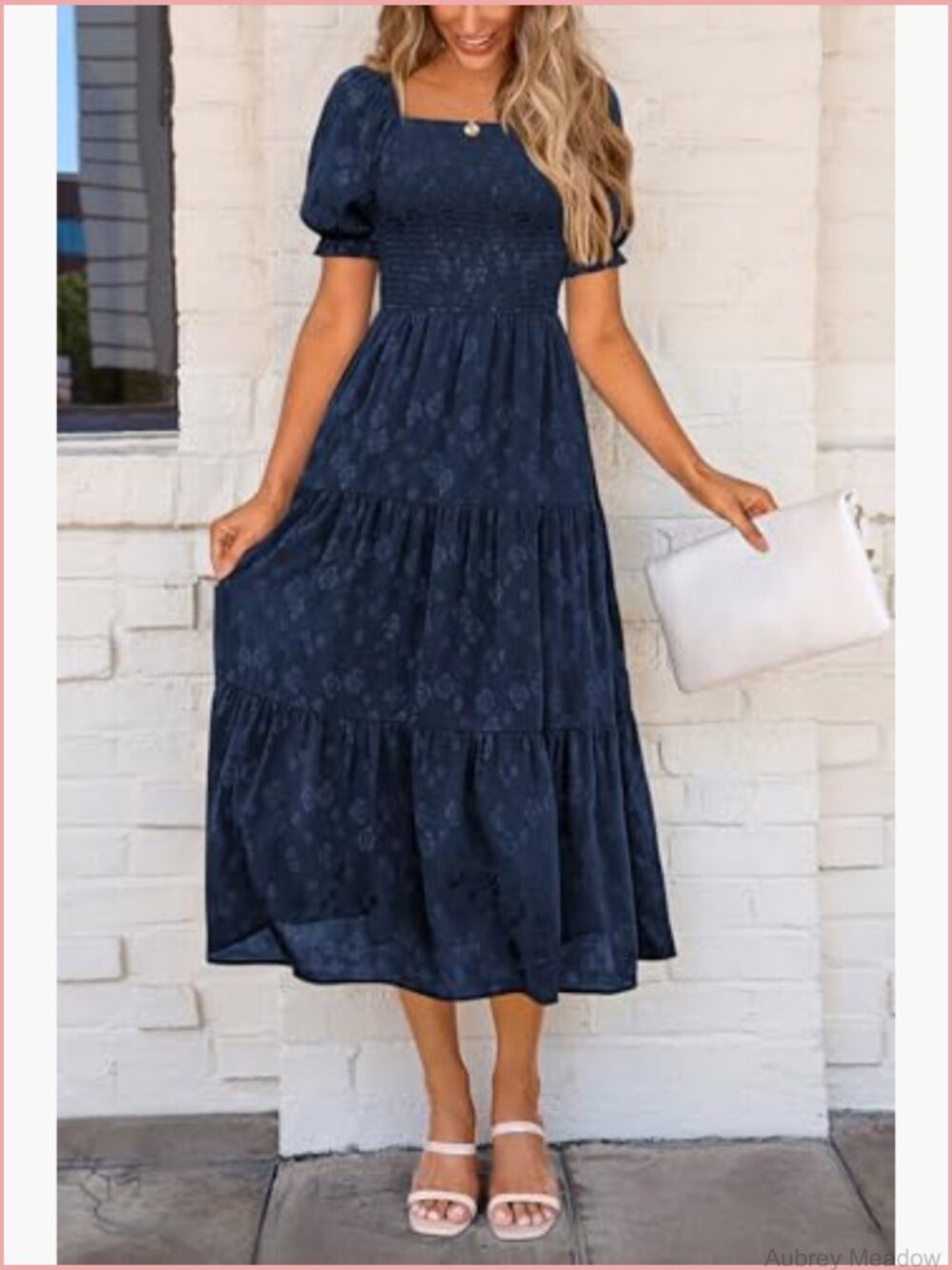 Square Neck Short Sleeve Smocked Midi Dress Floral Boho - Picture 3 of 7